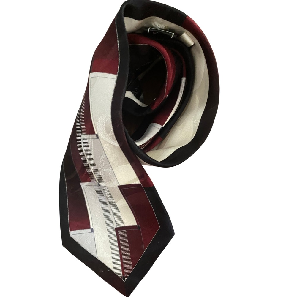 Stacy Adams Mens Silk Tie Burgundy Black Cream Geometric Abstract Handmade